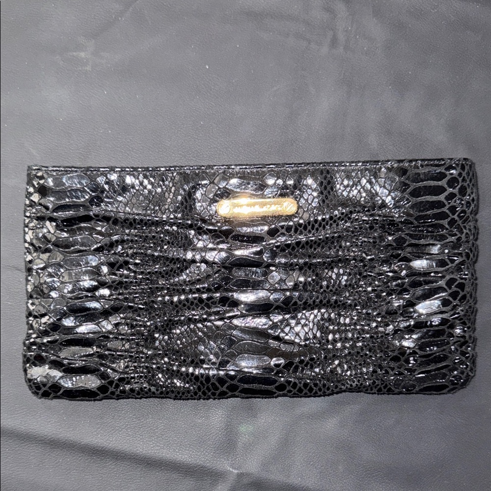 Michael Kors Black Snake-Embossed Leather Clutch with Gold Plaque